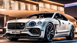 A sleek white shiny (((Bentley Porsche Bntayga SUPER))), its contours and details perfectly captured in a (((cinematic view))), zipping along a winding road under a beautiful blue black night sky