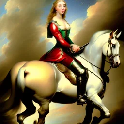 fullbody portrait of beautiful booty busty blonde with big green eyes woman riding a horse by PETER PAUL RUBENS 8k