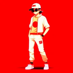 <lora:xuehua:1>,xh,1boy,solo,male focus,hat,simple background,shirt,baseball cap,white footwear,pants,shoes,mask,sunglasses,standing,full body,short sleeves,white shirt,red headwear,red background,brown pants