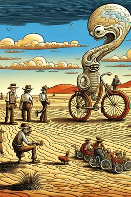 giant old bicycle with pepe on the top smoking in the desert with small people around n the style of Hiroshi Nagai