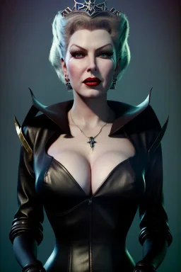 Lana Turner as evil queen in black leather, leather, busty, cleavage, angry, stern look. character design by cory loftis, fenghua zhong, ryohei hase, ismail inceoglu and ruan jia. unreal engine 5, artistic lighting, highly detailed, photorealistic, fantasy