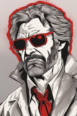 a tough badass, angry Hans Gruber wearing solid red glasses