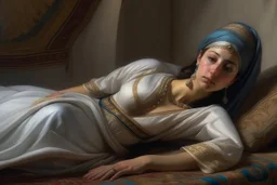 oriental arabic woman lying on a pillow painting neoclassism zoom out realistic whole body