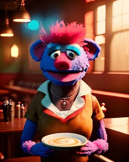 Pub scene, hybrid character, waitress woman with monster muppet mask that covers her entire head, retro style, Sesame Street style, smooth, unreal engine 5, god lights, ray tracing, RTX, lumen lighting, ultra detail, volumetric lighting, 3d.