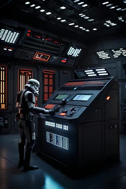 Star Wars Imperial Agent operating security console with flashing lights, warehouse background. Star Wars, scifi fantasy, ultra-realism, 8k UHD