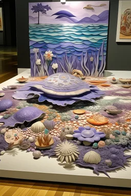 A light purple island with glimmering seashells designed in Javanese shadow puppets painted by Wassily Kandinsky