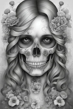 Skull | Mariola Budek - Premium Coloring Page | Printable Adult Colouring Pages Book Instant Download Grayscale WITH GIRL