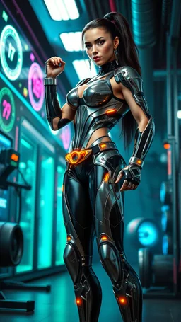 Futuristic female bodybuilder in a sleek black and silver jumpsuit, chrome exoskeleton, glowing neon accents, posing powerfully in high-tech gym with holographic displays, advanced equipment, defined muscles shining under cool lights, inspired by H.R. Giger's dark biomechanics, Syd Mead's industrial futurism, Ash Thorp's neon-lit dystopia.