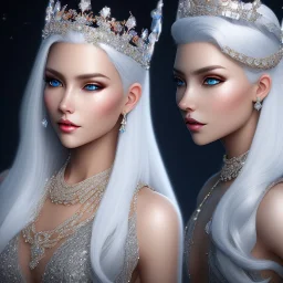 Ice Princess with white hair, a crown with precious stones, bright background