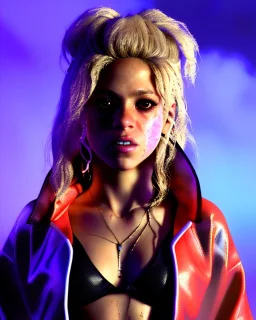 portrait, Shakira, blonde artist, angry, Realistic image, MMA robe, hoodie, mouthguard, nose, band aid, loose long hair, eyes make up, perfect, glow, circle iris. Rain, fog, Neon colors, leds. Dark background, photo studio, neon lights. concept art, smooth, unreal engine 5, god lights, ray tracing, RTX, lumen lighting, ultra detail, volumetric lighting, 3d, finely drawn, high definition, 4k.