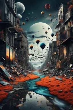 A surrealistic image of the irony of life, where funny and sad things are mixed together in an abstract way. The image is the best ever art creation, with 8k resolution and realistic details. It shows a contrast between the bright and dark sides of life, and how they are both essential and inevitable.