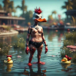 punk duck devil pimp with bitches in bathing suit in pond, in the style of a fallout 4,bokeh like f/0.8, tilt-shift lens 8k, high detail, smooth render, down-light, unreal engine, prize winning