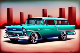 a true-to-life 1955 chevrolet nomad, classic wheels, centered, intricate, extreme detailed, photorealism, center view, city background, pivot on chevrolet, pen and color marker painting by cheryl kelley