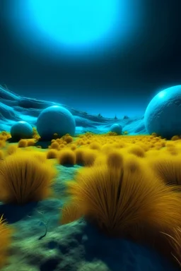 sur une planète inconnue, le ciel est violet, les plantes sont mystérieuse et des yeux jaune nous fixe