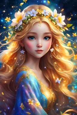 digital painting style, adorable digital painting, beautiful fantasy art, colorful, vibrant colors, high detailed, high quality, 8k. She was a pretty girl with flowing golden hair, wearing a full dress with a colorful jasmine flower pattern. She lived in a magical world, where the nights were glowing with stars and fireflies. Her big glowing eyes sparkled with curiosity and wonder.