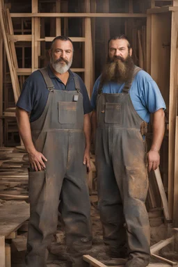 half figure shot photography of TWO ugly 44 year old stocky big chubby robust burly turkish carpenters embraced, dirty, wet, wearing bulging overalls, shirtless, hairy chest, serious, very virile, long beard, curly hair,, , in a sunny construction work area, photorealistic , photorealistic