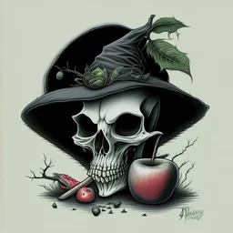 drawing of a Skull with a Witch hat, Skull has ghost eyes and is eating from a poison apple.