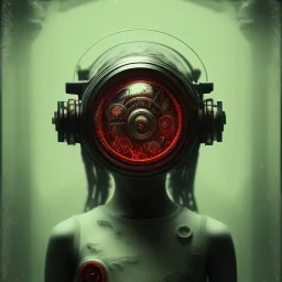 a little girl with a cyborg brain and a lot of red liquid, steam punk, scary, horror, realistic, made in octane, cinematic, ultra-realistic, extremely detailed octane rendering, 8K, VRAY Super Real ar 2:3, dof photorealistic futuristic 50mm lens hard lighting dark gray tintype photograph, realistic lighting, sephia colors