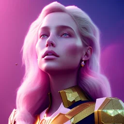 A portrait of a queen, atmospheric, blond long hair, realistic, unreal engine cosmic galactic, cinematic lighting, octane render, transparent,bleu pink light, cristal goutte rose sur le front, flowers, galactic atmosphere