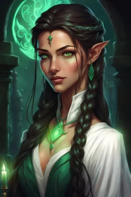 Young beautiful female Hexblood Warlock with lightly tanned skin, long silky dark brown hair styled in elegant half-braids, the rest flowing straight down her back. Bright glowing pale emerald-green eyes, delicate features, full lips, and a calm mischievous smile. Subtle dark vine-like markings trail along her neck and collarbone, hinting at ancient magic. Dark fantasy, realistic, cinematic, highly detailed.