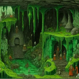 Dark green catacombs covered in slime designed in Navajo woven art painted by Pieter Bruegel the Elder