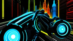 tron legacy movie, city of lights blue, red and orange, programs, motors