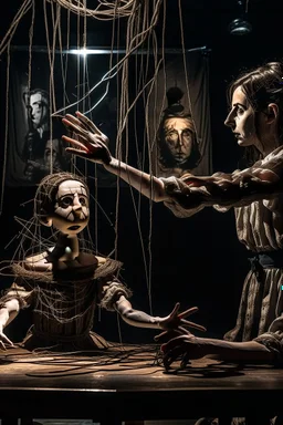 a digital image of a woman seated on a table, she is connected to string like a puppet, arms in air, moved by the strings, puppet like features in the face, beautiful face, behind her is a huge image of a man holding the strings, creepy character,.zoomed in, dark and shadowy background with selective lighting on the woman