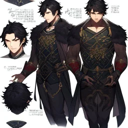 Character sheet, male, black hair, tattoos, poor adventurer