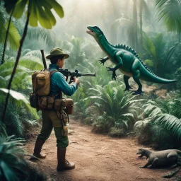 35mm film photography, [photorealistic art] a hunter with a rifle aiming at a Chilesaurus diegosuarezi. the boys in the jungle, high detail, vintage pellicule, film effect, dramatic dutch light