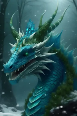 Portrait of Dragon King, wearing a green-blue dragon crown, decorated with crystals in mystery snowy forest, realistic details, looking strait