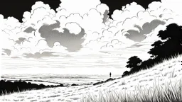 manga, makoto shinkai, monochrome, black background, sketch, simple, maximum quality, centered in frame, far view, in the middle of a grassy hill, white sky with cumulonimbus