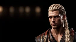 photorealistic hyperdetailed portait of 28-year-old german male, as mercenary with long blonde braided and undercut hair, tribal and neatly trimmed beard, modern clothing