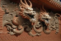 A brown wall fortress with dragon heads designed in Chinese paper art painted by Peter Carl Faberge