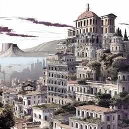 Skyline+city on inslands+Trainstation on cliff+Vignola classicism +palladio+detailed facades+uphill road+trees+genoa+cuba+biopunk+Book illustration by Gediminas Pranckevičius, Jean Baptiste Monge, Brian Kesinger, Anton fadeev, Kilian Eng, strong lines, high contrast vibrant colors, highly detailed, 16k resolution, trending on behance