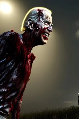 realistic image, joe biden zombie, zombie posing, arm cut and bleeding, amputated leg, night, walking with a limp, waist up view, dark ambient, highly detailed, sky background, concept art, unreal engine 5, god rays, ray tracing, RTX, lumen lighting, ultra detail, volumetric lighting, 3d, finely drawn, high definition, high resolution.