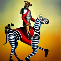 retrato de un perro con armadura montando una zebra con estilo de Dalì