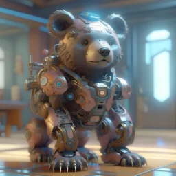 hidden bear wearing a future mech, pixar, pastel color, natural and realistic lighting and shading, hq, ultra detail, 3D render, C4D, octane render, ray tracing, 8k