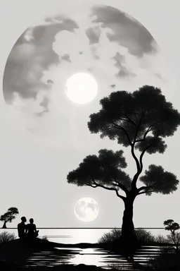 imagine a silhouette of an African man sitting while facing the horizon at the background. Beside him on his right is a lit lantern. He is facing the horizon where the moon has risen and stars are seen from far.