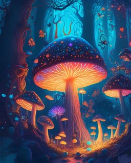 A magical forest with glowing mushrooms and fireflies, in the style of fantasy illustration, vibrant colors, whimsical creatures, intricate details, 16k resolution