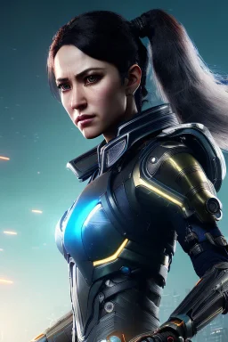 Middle age female Cyborg anime warrior, orange eyes, gray hair with dark blue hair, ponytail hairstyle, waist up portrait,4k resolution, intricate details, ornate details, soft lighting, vibrant colors, retroanime, masterpiece, intricate eyeliner, dark eyeshadow, futuristic cityscape background
