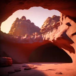 Cave in a desert mountain, hyper realistic, photography, rays, amazing lighting