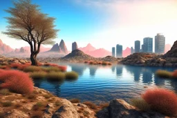 lagoon, rocks, distant mountains, arid land, dry trees, distant modern contemporary city, epic.