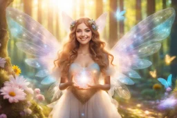 A beauty Fairy women with long Brown hairy,Crystal wings and sweety smile and cosmica suite.She has a magic light in the hands.the background Is a magic coloured Fairy foreste, with a kot of flowers, sweety animal in a Sunny day
