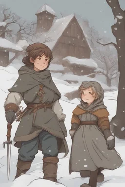 DnD style, two medieval peasant kids playing in the snow, female age 14 and male age 15, happy and playful, he has a short sword.