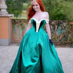 Art of a princess with long auburn hair in a big teal green and gold satin ballgown corset off shoulder top and long white gloves dancing