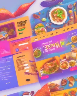 a food delivery web landing page design with a burst of colors and illustrations, hyper realism, and hyper details. sharp