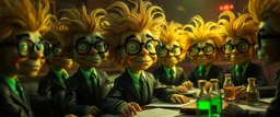 high class realism, the board in the style of fallout 4, A close up portrait of one person in a tiny group of mutated with hairy wigs glowing, messed up uranium creatures in a dimly lit boardroom, wearing tiny suits and glasses, with playful but slightly mischievous expressions. Their bodies emit a soft greenish glow. The room is filled with scattered papers, glowing vials, and miniature nuclear reactors. Style: whimsical digital illustration, cinematic lighting, colorful, exaggarated