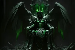 armadura de negra y verde con alas de angel sentada en un gran trono en la oscuridad