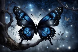 a dark gothic butterfly with stunning black velvet wings landing on an old tree's dry branch, around silver glitters, mystic mood, dark blue night, pale light, masterpeace illustration