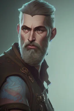 photorealistic white male bearded handsome, hyperdetailed painting, luminism, Bar lighting, complex, dark green miltary armor, 4k resolution concept art, Artgerm, WLOP, Alphonse Mucha, 3d render, octane render, intricately detailed, cinematic, awesome full color, hand drawn, dark, gritty, cinematic